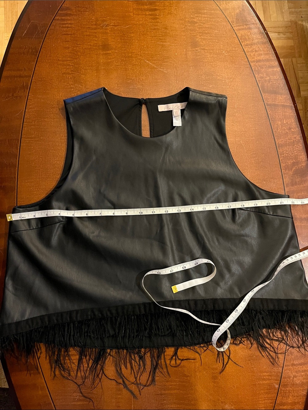 Anthropologie Hutch vegan leather tank top w/ ostrich feathers trim. Black. XL - Picture 8 of 9